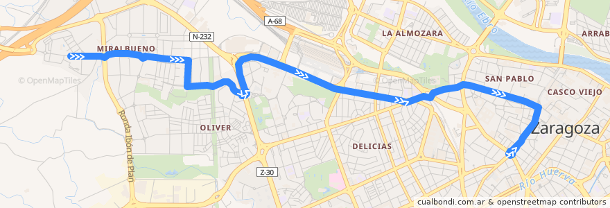 Mapa del recorrido Bus 52: Miralbueno => Puerta del Carmen de la línea  en Zaragoza.