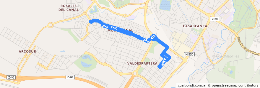 Mapa del recorrido Bus 55: Montecanal - Tranvía de la línea  en Saragozza.