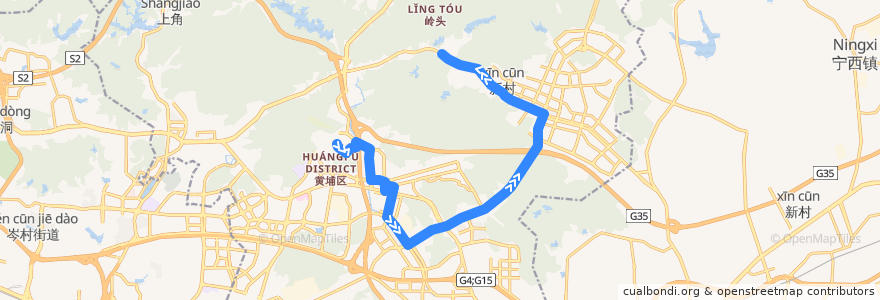 Mapa del recorrido 327A路(科城山庄总站-岭头总站) de la línea  en Distretto di Huangpu.