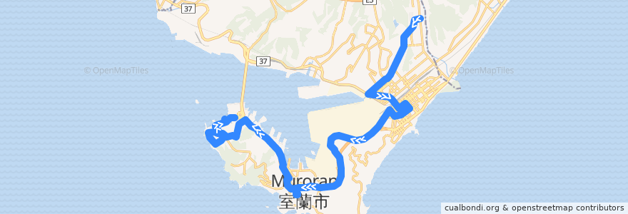 Mapa del recorrido みたら・水族館前工大線 de la línea  en 室蘭市.