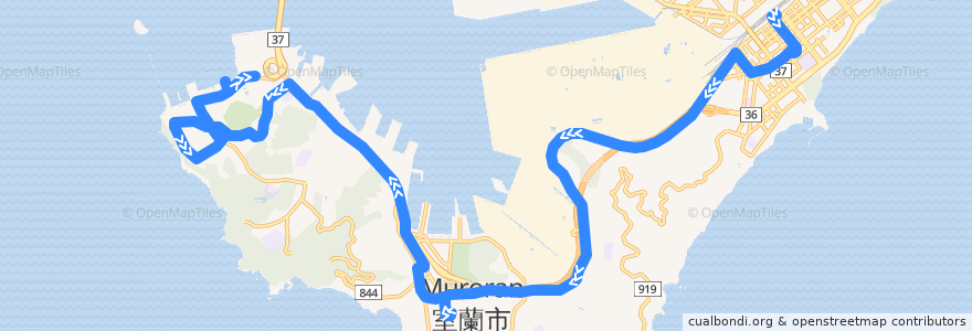 Mapa del recorrido みたら・水族館前東室蘭駅東口線 de la línea  en 室蘭市.