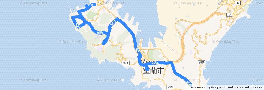 Mapa del recorrido みたら・水族館前地球岬団地線 de la línea  en 室蘭市.