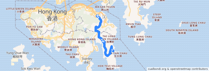 Mapa del recorrido 新巴9號線 NWFB 9 (筲箕灣 Shau Kei Wan → 石澳 Shek O (不經鶴咀 omit Cape D'Aguilar)) de la línea  en 香港島 Hong Kong Island.