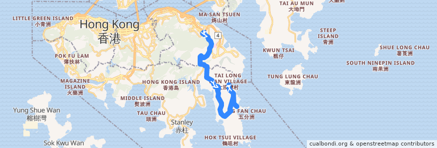 Mapa del recorrido 新巴9號線 NWFB 9 (筲箕灣 Shau Kei Wan → 石澳 Shek O (不經鶴咀 omit Cape D'Aguilar; 經大浪灣 via Big Wave Bay)) de la línea  en 香港島 Hong Kong Island.