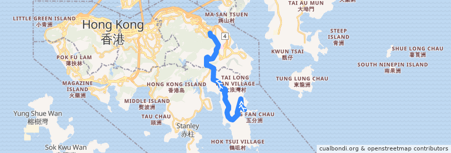 Mapa del recorrido 新巴9號線 NWFB 9 (石澳 Shek O → 筲箕灣 Shau Kei Wan (不經鶴咀 omit Cape D'Aguilar)) de la línea  en Ilha de Hong Kong.