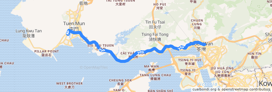 Mapa del recorrido 九巴259E線 KMB 259E (龍門居 Lung Mun Oasis → 荃灣站 Tsuen Wan Station) de la línea  en Hong Kong.