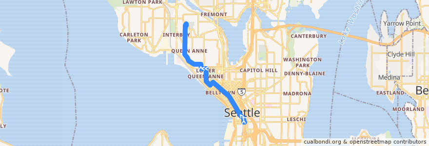 Mapa del recorrido Metro Route 1: Kinnear de la línea  en Seattle.