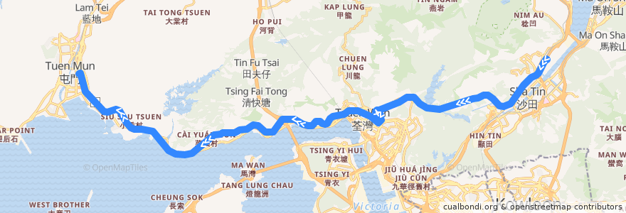 Mapa del recorrido 九巴868線 KMB 868 (沙田馬場 Sha Tin Racecourse → 屯門市中心 Tuen Mun Central) de la línea  en 香港 Hong Kong.