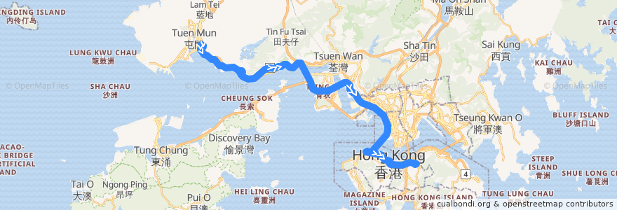 Mapa del recorrido 過海隧巴962S線 Cross-harbour Bus 962S (置樂花園 Chi Lok Fa Yuen​ → 銅鑼灣 Causeway Bay) de la línea  en Hong Kong.