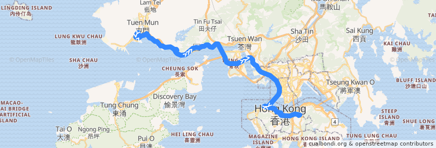 Mapa del recorrido 過海隧巴962線 Cross-harbour Bus 962 (龍門居 Lung Mun Oasis​ → 銅鑼灣 Causeway Bay (不經屯門碼頭區 omit Tuen Mun Pier Area)) de la línea  en Hong Kong.