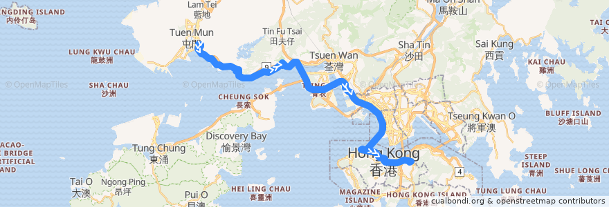 Mapa del recorrido 過海隧巴962B線 Cross-harbour Bus 962B (置樂花園 Chi Lok Fa Yuen​ → 銅鑼灣 Causeway Bay) de la línea  en 香港.