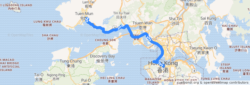 Mapa del recorrido 過海隧巴962B線 Cross-harbour Bus 962B (置樂花園 Chi Lok Fa Yuen​ → 金鐘 Admiralty) de la línea  en Hong Kong.