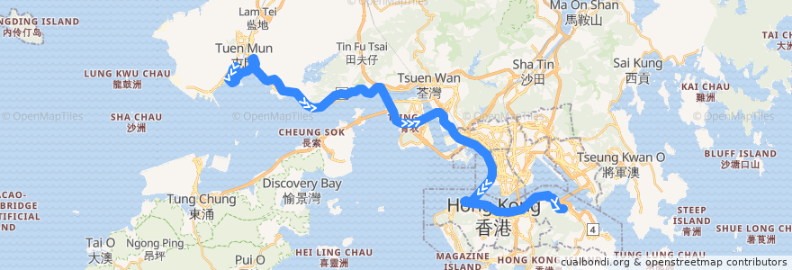 Mapa del recorrido 過海隧巴962C線 Cross-harbour Bus 962C (龍門居 Lung Mun Oasis​ → 鰂魚涌 Quarry Bay) de la línea  en Hongkong.