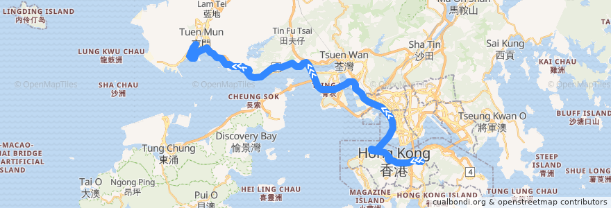 Mapa del recorrido 過海隧巴962線 Cross-harbour Bus 962 (銅鑼灣 Causeway Bay → 龍門居 Lung Mun Oasis​) de la línea  en هنگ‌کنگ.