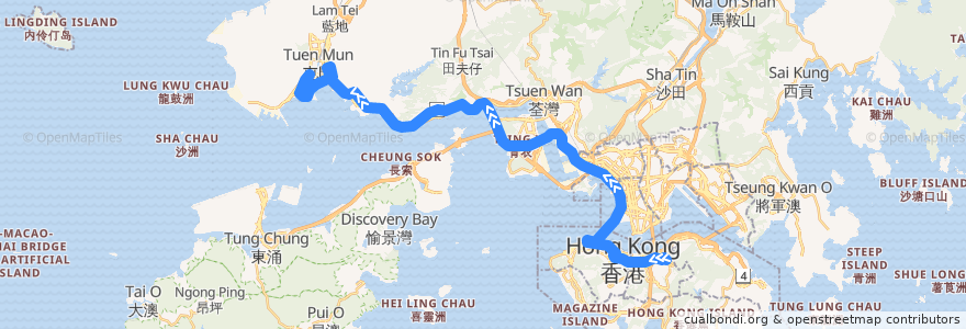 Mapa del recorrido 過海隧巴962X線 Cross-harbour Bus 962X (銅鑼灣 Causeway Bay → 龍門居 Lung Mun Oasis​) de la línea  en Hong Kong.