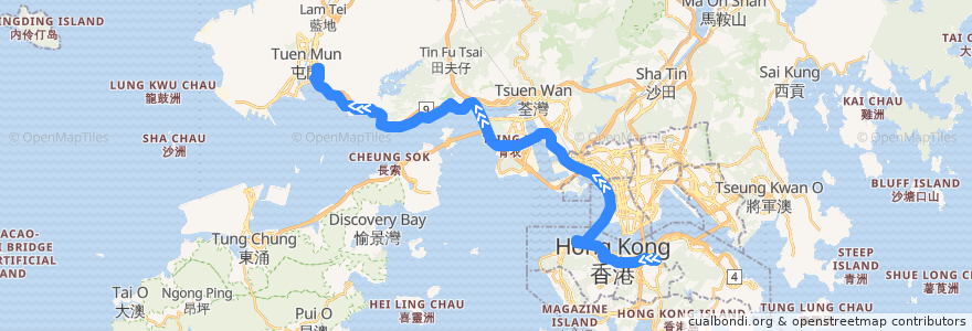 Mapa del recorrido 過海隧巴962B線 Cross-harbour Bus 962B (銅鑼灣 Causeway Bay → 置樂花園 Chi Lok Fa Yuen) de la línea  en 香港 Hong Kong.