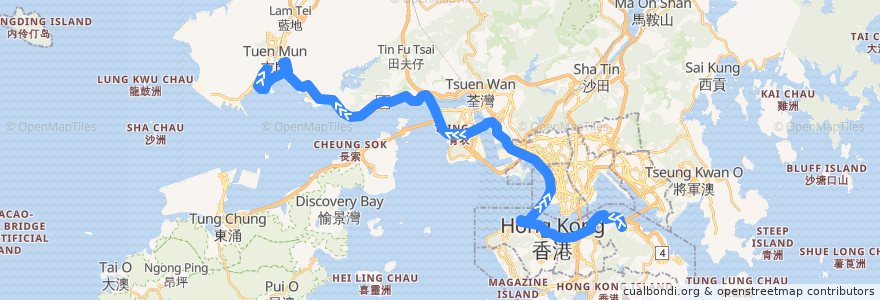 Mapa del recorrido 過海隧巴962C線 Cross-harbour Bus 962C (鰂魚涌 Quarry Bay → 龍門居 Lung Mun Oasis​) de la línea  en Hong Kong.