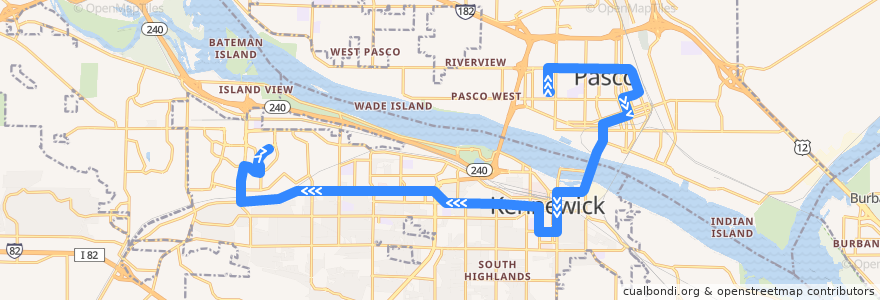 Mapa del recorrido Route 160 Westbound de la línea  en Tri-Cities.