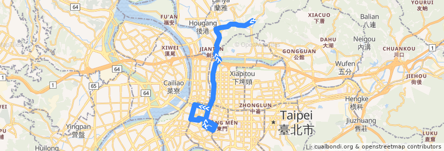 Mapa del recorrido 臺北市雙層觀光巴士藍線 (臺北車站->故宮博物院) de la línea  en Тайбэй.