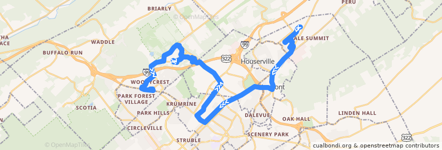 Mapa del recorrido Bus HM: Nittany Mall -> Lemont -> Campus and Downtown -> Village at Penn State -> Toftrees de la línea  en Centre County.