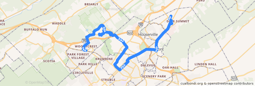 Mapa del recorrido Bus HM: Toftrees -> Village at Penn State -> Campus and Downtown -> Lemont -> Nittany Mall de la línea  en Centre County.