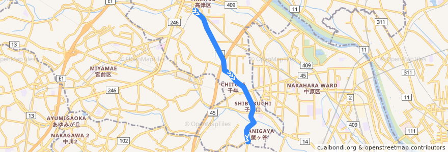 Mapa del recorrido 子母口線　溝の口駅南口 => 蟹ヶ谷 de la línea  en 高津区.