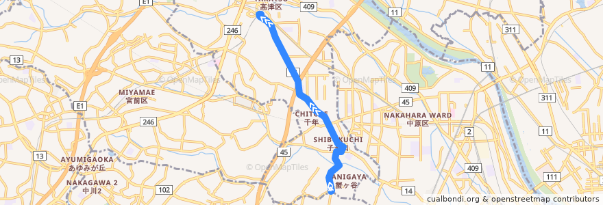 Mapa del recorrido 子母口線　蟹ヶ谷 => 溝の口駅南口 de la línea  en 高津区.