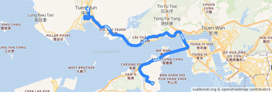 Mapa del recorrido 龍運巴士R33線 Long Win Bus R33 (屯門站 Tuen Mun Station → 迪士尼樂園 Disneyland) de la línea  en 홍콩.