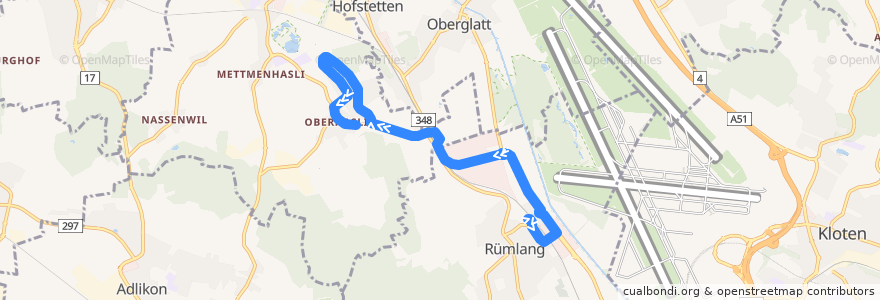 Mapa del recorrido Bus 797: Rümlang, Bahnhof => Oberhasli, Dorf de la línea  en Bezirk Dielsdorf.