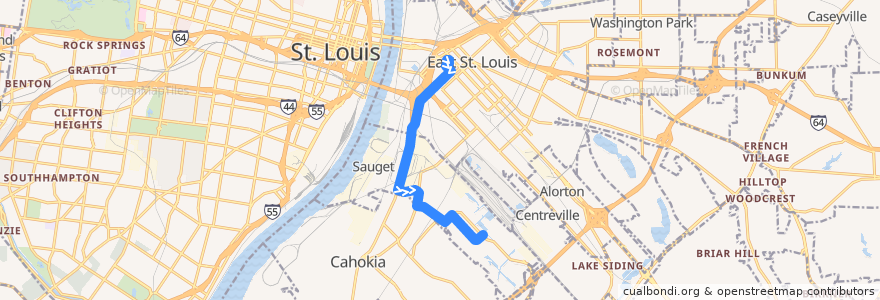 Mapa del recorrido MetroBus 22X Sauget Industrial Parkway (southbound) de la línea  en Illinois.