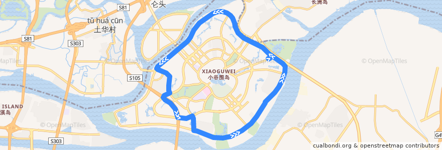 Mapa del recorrido 380B路(大学城广中医总站环线逆时针方向) de la línea  en Xiaoguwei Subdistrict.