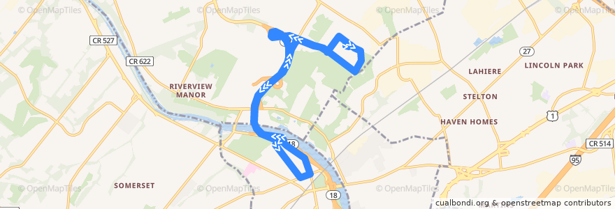 Mapa del recorrido Rutgers University Bus Route LX de la línea  en Middlesex County.