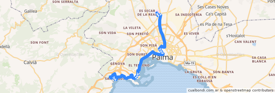 Mapa del recorrido Bus 20: Son Espases → Sant Agustí de la línea  en Palma.