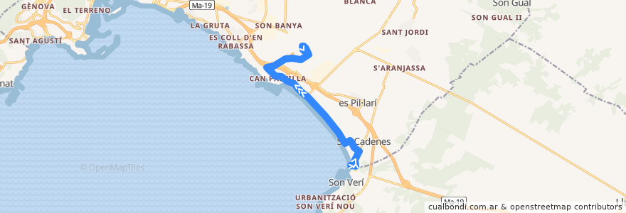 Mapa del recorrido Bus 21: S'Arenal → Aeroport de la línea  en Illes Balears.