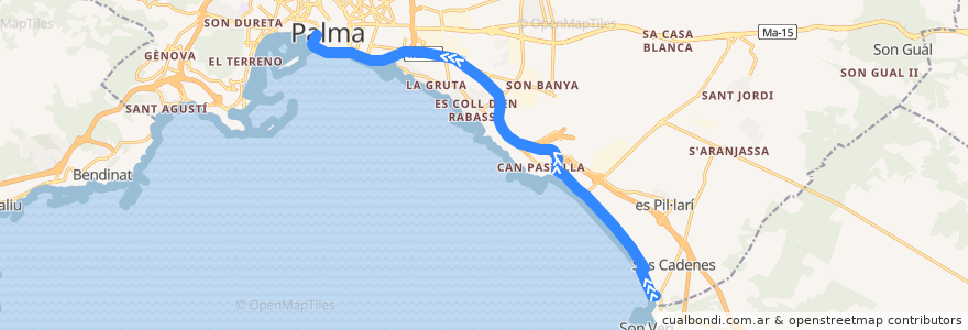 Mapa del recorrido Bus 25: S'Arenal → Plaça de la Reina de la línea  en Palma.