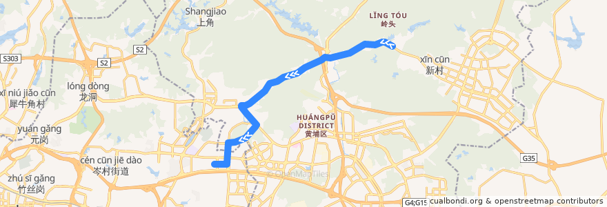 Mapa del recorrido 396路(岭头总站-科学城彩频路总站) de la línea  en District de Huangpu.