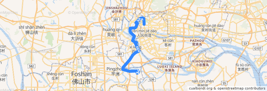 Mapa del recorrido 275A路[保利西雅图总站-解放北路(应元路口)总站] de la línea  en Guangdong.