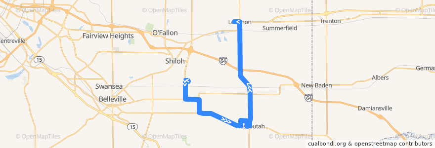 Mapa del recorrido MetroBus 17X Lebanon-Mascoutah (northbound) de la línea  en إلينوي.