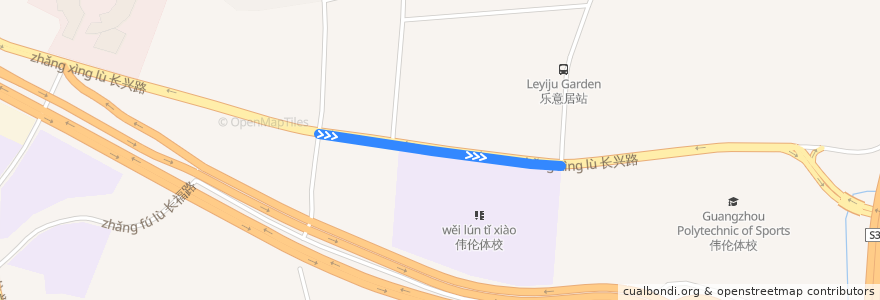 Mapa del recorrido 400路(东莞庄总站-乐意居) de la línea  en 长兴街道.