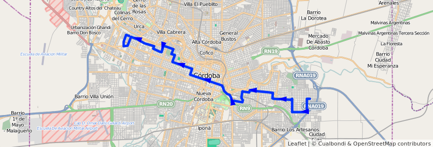 Mapa del recorrido 7 de la línea E (Celeste) en Cordoba.