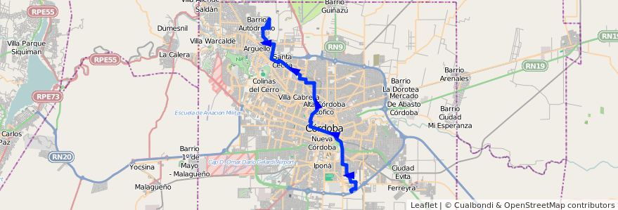 Mapa del recorrido 7 de la línea A (Azul) en Municipio de Córdoba.