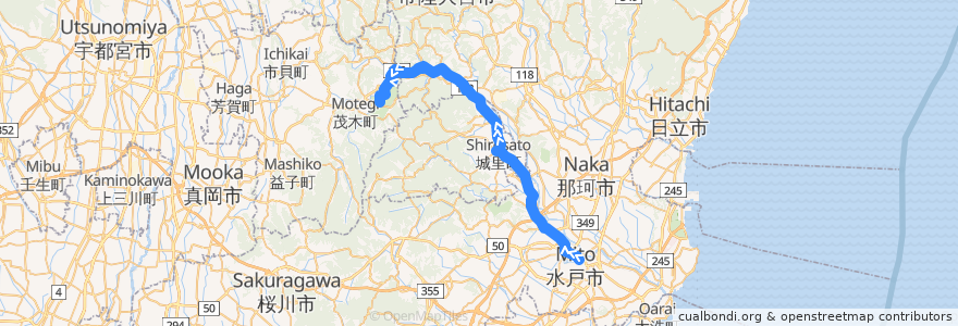 Mapa del recorrido 茨城交通バス45系統 水戸駅⇒石塚⇒ツインリンクもてぎ de la línea  en 이바라키현.