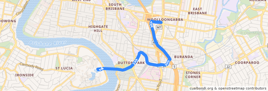 Mapa del recorrido Woolloongabba - UQ Lakes 29 de la línea  en Brisbane City.