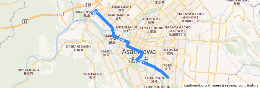 Mapa del recorrido [33]東光・近文線 de la línea  en Asahikawa.