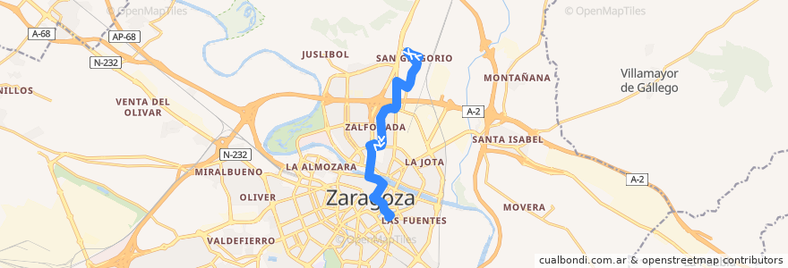 Mapa del recorrido Bus 29: San Gregorio => Camino de las Torres de la línea  en Saragoça.