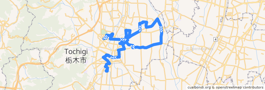 Mapa del recorrido 栃木市ふれあいバス大宮国府線北回り イオン・メディカルとちのき⇒惣社東工業団地⇒栃木駅・メディカルしもつが de la línea  en Tochigi.