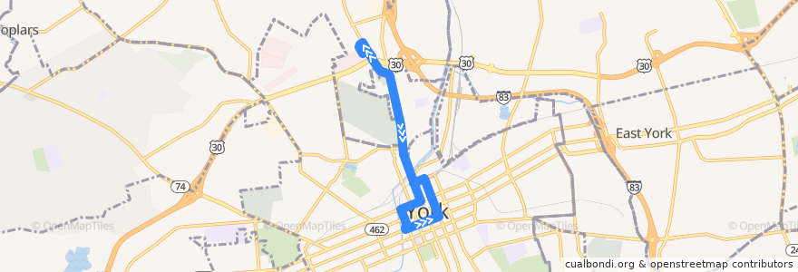 Mapa del recorrido rabbittransit 2N North York via George Street de la línea  en 宾夕法尼亚 / 賓夕法尼亞州.