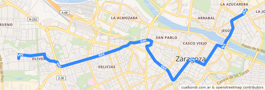 Mapa del recorrido Bus 21: Plaza Mozart => Oliver de la línea  en Zaragoza.