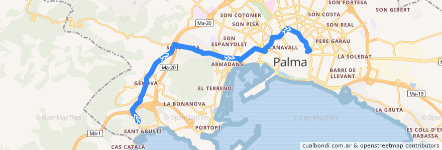 Mapa del recorrido Bus 46: Gènova → Son Dureta → Sindicat de la línea  en Palma.