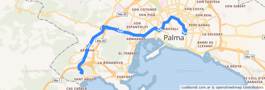 Mapa del recorrido Bus 46: Sindicat → Son Dureta → Gènova de la línea  en Palma.